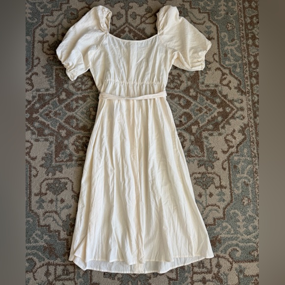 H&M Cream White Button Up Puff Sleeve Tie Waist Maxi Dress Size M - Picture 2 of 5